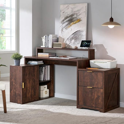 JXQTLINGMU 67" Modern L Shaped Desk with Storage Cabinet & Drawers, Wood Home Office Desk with Power Outlets, Fluted Computer Writing Desk, Dark Walnut