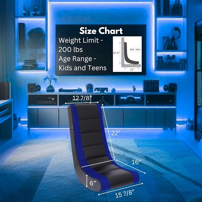 The Crew Furniture Classic Video Rocker Gaming Chair, for Kids and Teens, PU Faux Leather & Polyester Mesh, Black/Blue