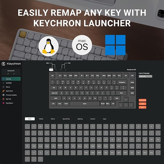 Keychron KJ1 Low Profile Wireless Mechanical Keyboard, 2.4 GHz Bluetooth QMK 75% Layout RGB, Hot-swappable Banana Switch Compatible with Mac Windows Linux, 2000mAh Fast Charge for Gaming - White
