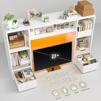 REIBII Desktop Bookshelf with LED Lights,47.2" Desktop Organizer with 6 Shelves and 2 Drawers for Top of Desk,Multipurpose Desk Hutch Dorm with Adjustable Shelves for Home and Office,White