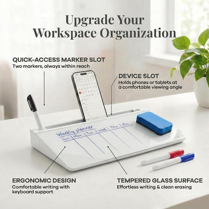 Birch Desktop Glass Whiteboard with Magnetic Weekly Calendar – Dry Erase Board, Keyboard Stand, Hidden Storage, Adjustable Dividers, 3 Markers & Eraser – Office, Home, School – Cloud