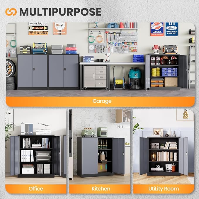Metal Garage Storage Cabinets with Lock, 36" Tall Tool Cabinet with 2 Door and 2 Adjustable Shelves, Locking Garage Cabinets and Lockable Steel Locker for Home Office Warehouse-(Black Gray-36”H)