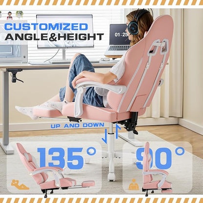 Shahoo Gaming Chair with Footrest and Massage Lumbar Support, Video Racing Seat Height Adjustable with 360° Swivel and Headrest for Office or Bedroom, Light Pink