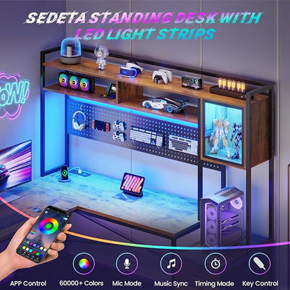 SEDETA L Shaped Gaming Desk with 6 Drawers, Reversible Computer Office Desk with File Drawer, Hutch, Storage Shelves, Gaming Corner Desk with Led Lights, Power Outlet for Two Person, Rustic Brown