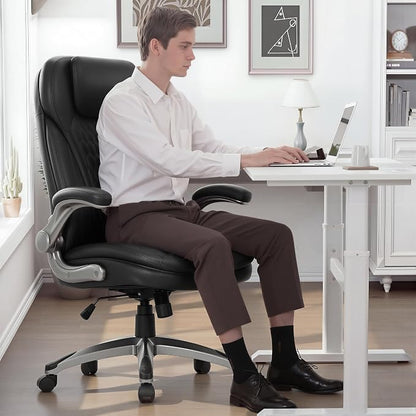 COLAMY High Back Executive Office Chairs,Ergonomic PU Leather Desk Chairs with Flip-Up Armrests, Adjustable Height, Lumbar Support,Comfortable Computer Chairs for Home Office,Set of 2
