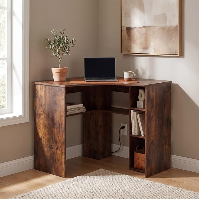 Giantex Corner Desk, Triangle Computer Desk with Charging Station, Open Storage Shelves and Curved Edge, Industrial Space Saving Writing Desk for Small Spaces, Home Office, Bedroom