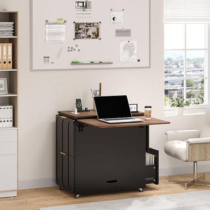 ModernMate 3-in-1 Folding Desk & File Cabinet, Fluted Multi-Storage Workspace with 4 Drawers, Lockable Wheels | Power Outlet | Fits A4/Letter Files, Space-Saving for Small Home Office, Black Walnut