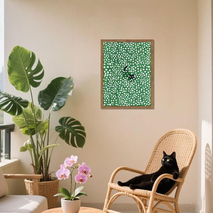 Framed Floral Black Cat Canvas Wall Art, Cute Black Cat in Daisy Field Painting, Animal Poster Print, Modern Home Aesthetic Wall Decor, Flowers Canvas Artwork for Bedroom Living Room 8x10 inch