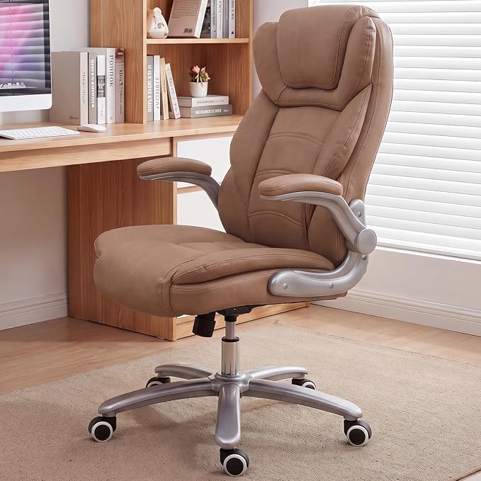 GYI Big and Tall 400lb Office Chair, Leather Executive Desk Chair, Brown | 24"Wide Seat, High Back, Space-Saving Flip-up Arms, Lumbar Support, Heavy Duty Base, Home, Conference Room