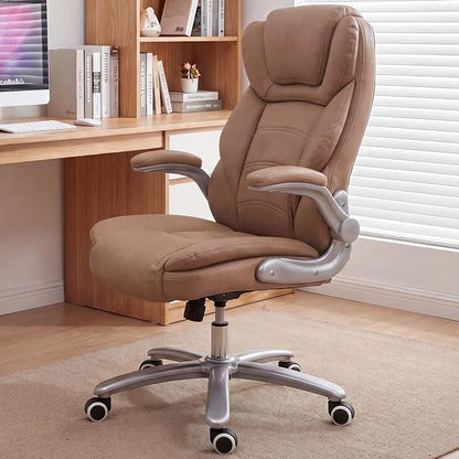 GYI Big and Tall 400lb Office Chair, Leather Executive Desk Chair, Brown | 24"Wide Seat, High Back, Space-Saving Flip-up Arms, Lumbar Support, Heavy Duty Base, Home, Conference Room
