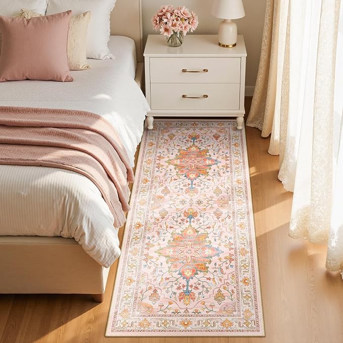 RELEANY Area Rugs Runner 2'x6' Washable Non-Slip, Floral Vintage Distress Medallion Carpet for Kitchen Hallway Bedroom Beside Laundry Room Bathroom, Light Pink Colorful