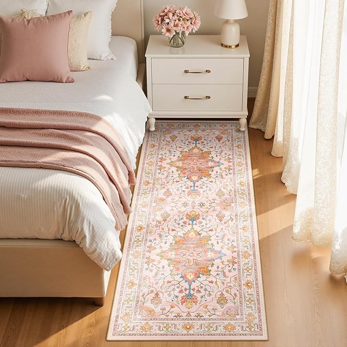 RELEANY Area Rugs Runner 2'x5' Washable Non-Slip, Floral Vintage Distress Medallion Carpet for Kitchen Hallway Bedroom Beside Laundry Room Bathroom, Light Pink Colorful