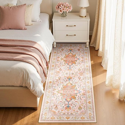 RELEANY Area Rugs Runner 2'x5' Washable Non-Slip, Floral Vintage Distress Medallion Carpet for Kitchen Hallway Bedroom Beside Laundry Room Bathroom, Light Pink Colorful