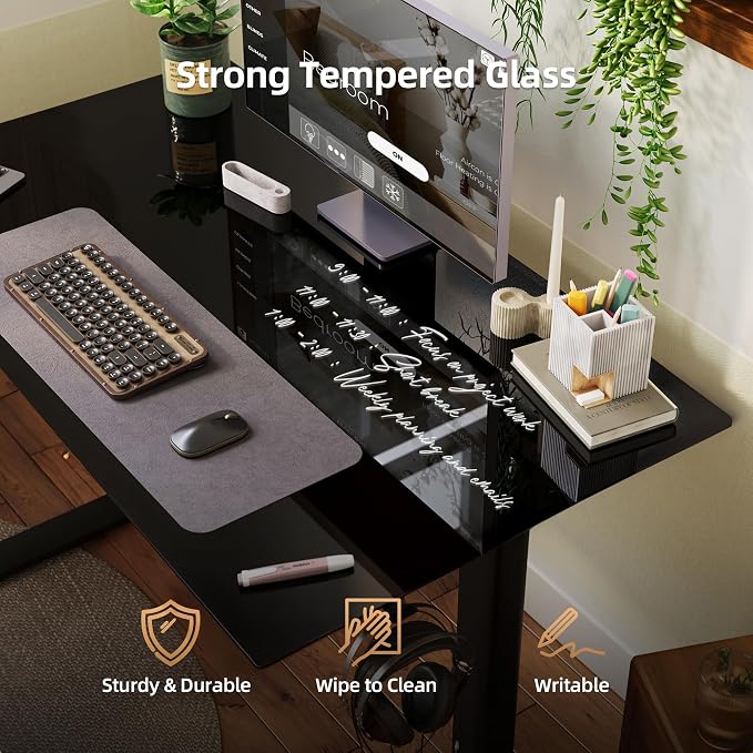 INNOVAR Glass Standing Desk with Drawers, 48×24 Inch Adjustable Stand Up Desk, Quick Install Home Office Computer Desk, Black