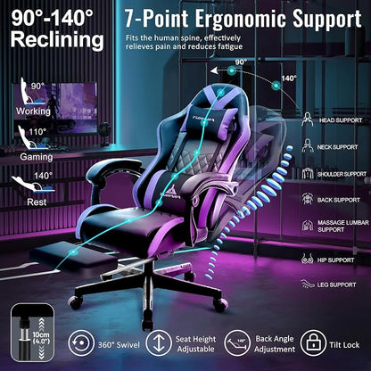 Gaming Chair,Ergonomic Massage Computer Office Desk Chair with Footrest,Pocket Spring Cushion,Reclining Leather Adjustable Gamer Chair with Headrest and Lumbar Support,Purple