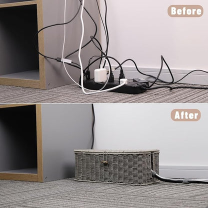 BROWNLILY Cable Management Box, Rattan Style Cord Organizer for Desk Cord Hider Outlet Covers for Power Strip TV PC Router Charger Under Desk Storage with Lockable Lid and Cable Ties