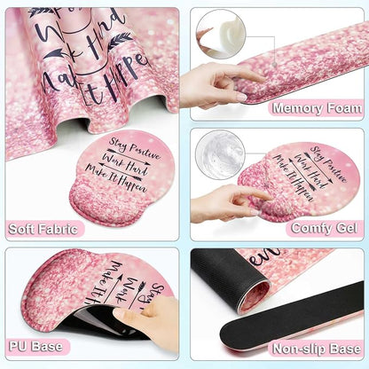 Desk Mat Set + Keyboard and Mouse Pad with Wrist Rest Support,4-in-1 Large Mousepad Computer Mats for Desktop Home & Office-Glitter Pink
