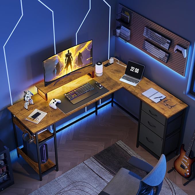 DEVAISE 60 Inch L Shaped Gaming Desk with Drawers and Storage, Corner Desk with LED Lights, Power Outlets, Computer Desk with Monitor Stand, Office Desk for Home, Rustic Brown