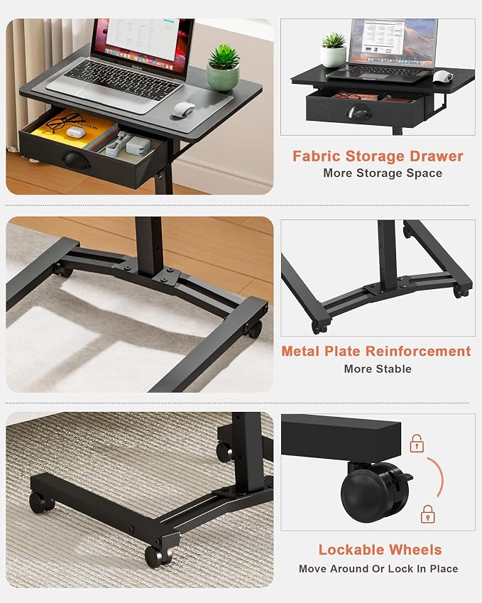 Rolling Adjustable Height Standing Desk With Drawers, Small Mobile Laptop Desk Cart On Wheels For Small Spaces Home Office, Portable Sitting Laptop Table For Bed Couch Load Up To 60LBS, Sturdy, Black