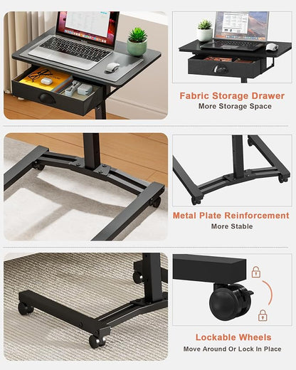 Rolling Adjustable Height Standing Desk With Drawers, Small Mobile Laptop Desk Cart On Wheels For Small Spaces Home Office, Portable Sitting Laptop Table For Bed Couch Load Up To 60LBS, Sturdy, Black
