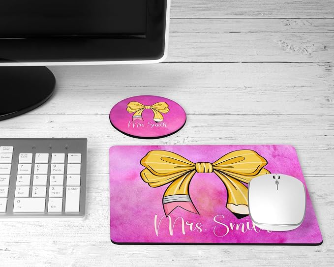 Personalized Teacher Mousepad and Coaster Desk Set Gift for Teachers Appreciation Back to School Classroom Decor Custom Handmade by The Painted Pug (Coquette Bow)