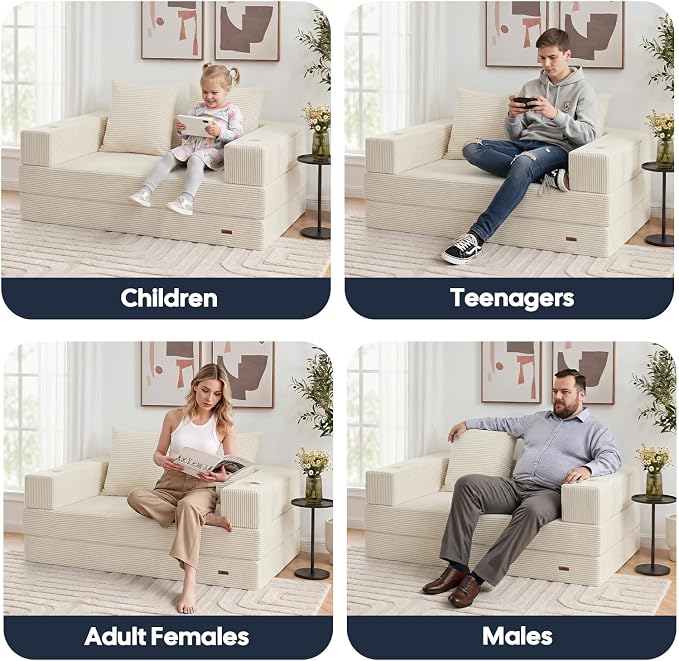 COMAX Futon Sofa Bed, 4‑in‑1 Convertible Sofa Bed, Folding Boneless Couches | Boneless Couch for living room, Fold Out Small Foldable Loveseat Floor Sleeper Mattress Lounge Space‑Saving, Beige
