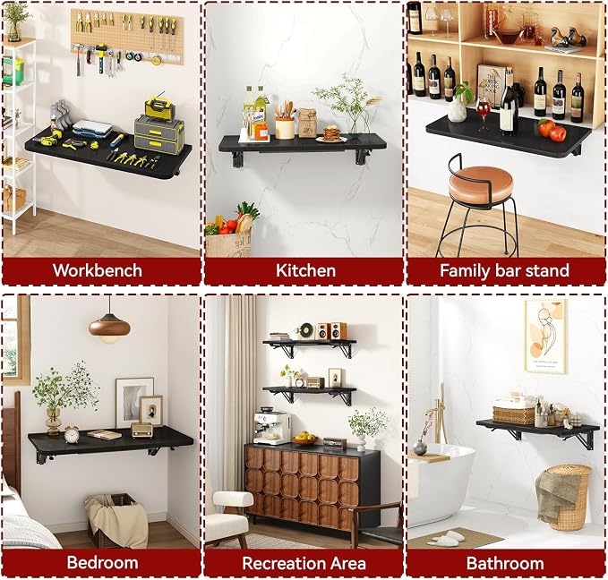 IBUYKE Wall Mounted Folding Table, Floating Wall Desk for Small Spaces, Fold Down Laundry Shelf with Heavy-Duty Brackets, Wall Table for Home Office/Bar/Kitchen/Dining Black UTVT005B