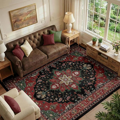 RELEANY Area Rugs 6'x9' Washable Non-Slip, Floral Vintage Distress Medallion Carpet for Living Room Bedroom Dining Room, Red Black