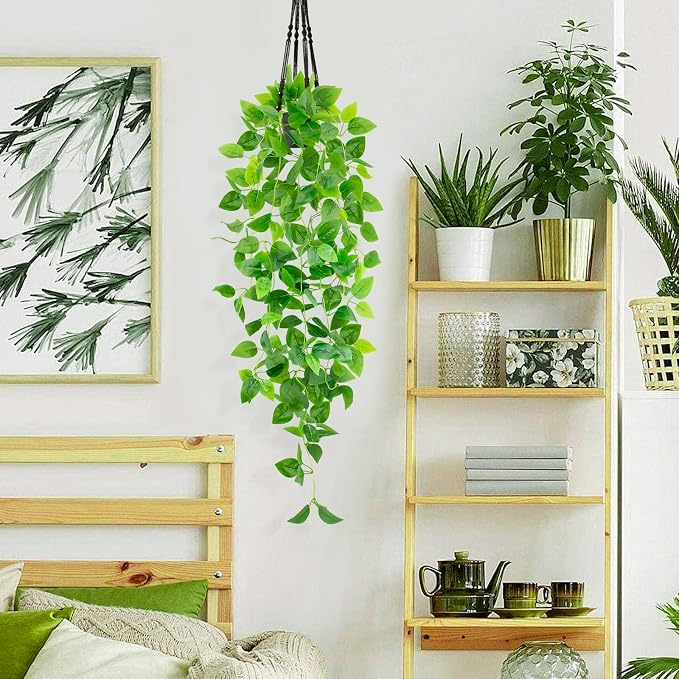 Artificial Hanging Plants with Black Pot, 39.37" Faux Pothos Trailing Vines, Potted Fake Greenery Indoor for Home Bathroom Bedroom Wall Shelf Decor