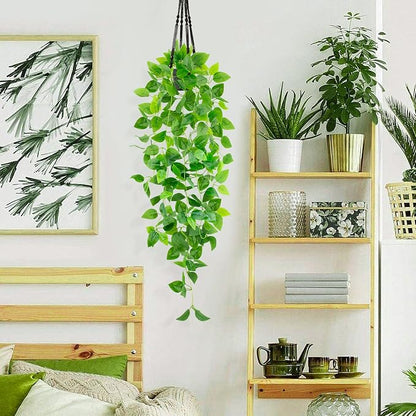 Artificial Hanging Plants with Black Pot, 39.37" Faux Pothos Trailing Vines, Potted Fake Greenery Indoor for Home Bathroom Bedroom Wall Shelf Decor