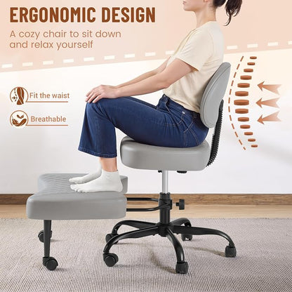 Homall Ergonomic Cross Legged Office Desk Chair with Wheels, 360° Swivel and Adjustable Height for Meditation and ADHD,Criss Cross Kneeling Chair with Lumbar Support (Leather, Grey)