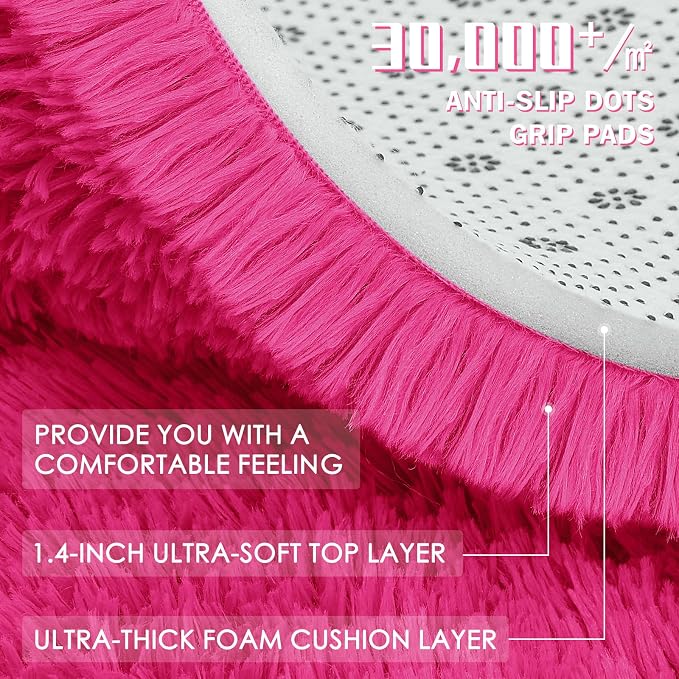 OLANLY Hot Pink Round Rugs for Bedroom - Machine Washable, 2 ft Circle Area Rugs for Living Room, Soft and Fluffy Shaggy Carpet for Teen Girls and Boys, Nursery Rooms, Dorms, Home Decor Aesthetic