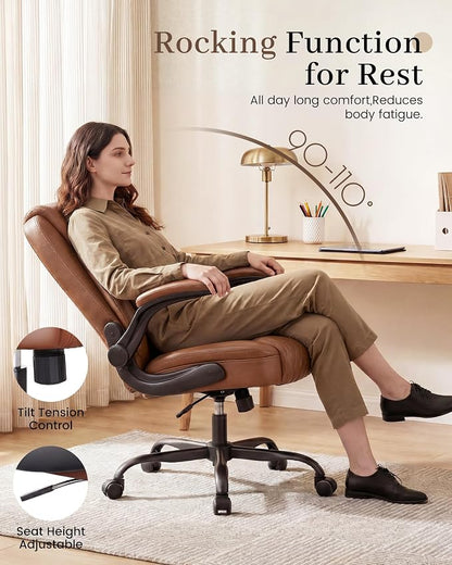 COMHOMA Mid-Back Office Chair, Ergonomic PU Desk Chair with Flip up Arms, Small Computer Gaming with Comfy Lumbar Support,Rocking Function,Sturdy Metal Base, Brown