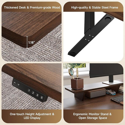 ONBRILL 55" Electric Standing Desk with 55" File Cabinet, Adjustable Height Home Office Furniture Set with Monitor Stand and 3 Drawers, Executive Workstationfor Home Office, Walnut