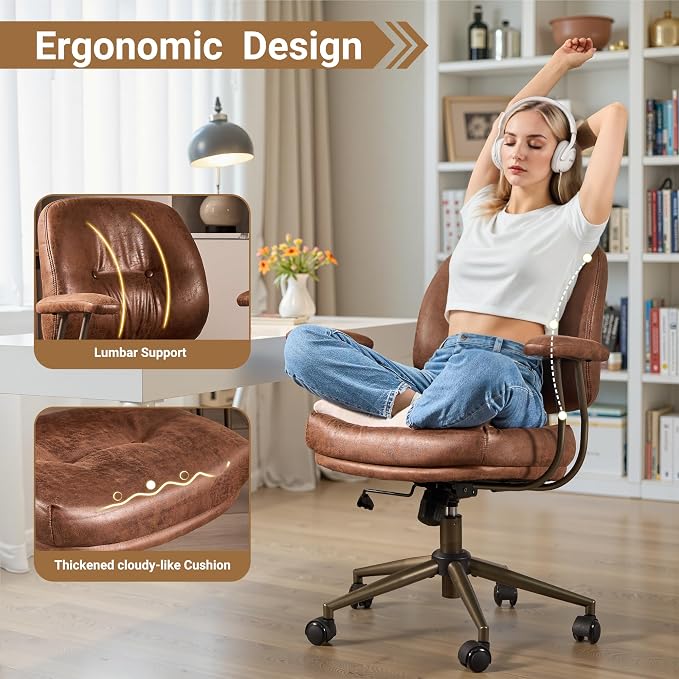 Ergonomic Home Office Chair, Mid-Century Faux Leather Home Office Desk Chairs with Wheels, Office Computer Chair with Rocking Swivel (Dark Brown,Suede)