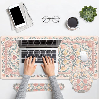 Britimes Pink Floral Keyboard Mouse Pad Set Retro 4in1 Large Mousepad+Keyboard Wrist Rest+Mouse Wrist Rest+Coaster Ergonomic Design for Home Office Computer 35.4x15.7 inches