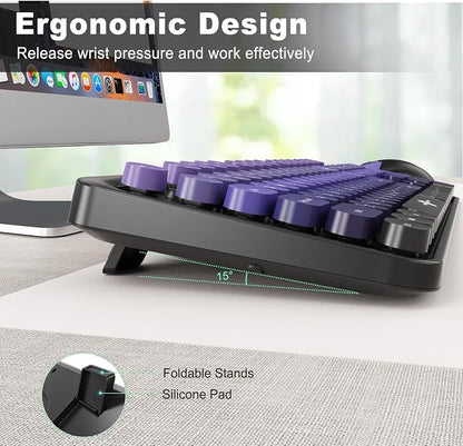 Purple Wireless Keyboard and Mouse Combo, Retro Round Key Typewriter Style Keyboard, Cute Full Size Aesthetic Bubble Keyboard with Number Pad for PC Laptop Desktop Computer