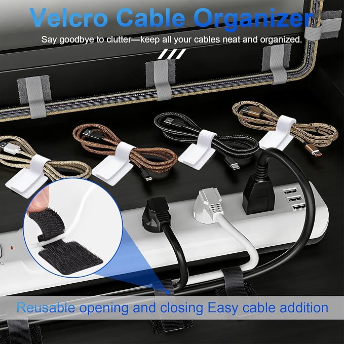 80 PCS Hook and Loop Cable Ties, Self Adhesive Cable Management Straps, Reusable Cord and Wire Organizer Clips for Under Desk, Computer, TV, Gaming Setup, Home Office and Kitchen, White and Gray