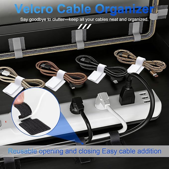 80 PCS Hook and Loop Cable Ties, Self Adhesive Cable Management Straps, Reusable Cord and Wire Organizer Clips for Under Desk, Computer, TV, Gaming Setup, Home Office and Kitchen, Black and Gray