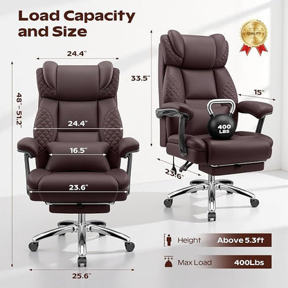 Office Desk Chair with Footrest, Big and Tall Executive Office Computer Chair, Extra Wide 400LBS Heavy Duty Office Chair, High Back Ergonomic Office Gaming Chair with Adjustable Lumbar Support