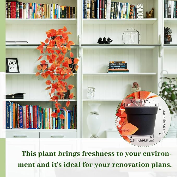 Fake Fall Plants Hanging Faux Orange Vines Artificial Potted Pothos Plant- Fall Decorations Autumn Decor for Thanksgiving Bathroom Wall Kitchen Room Decor Indoor and Outdoor (Black Pot)