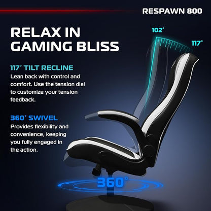 RESPAWN 800 Swivel Rocker Gaming Chair - Ergonomic Floor Gaming Seat with Lumbar Support, Flip Up Armrest, High Back, Pedestal Base, Comfortable No Wheels Console Video Game Rocker Chair - White