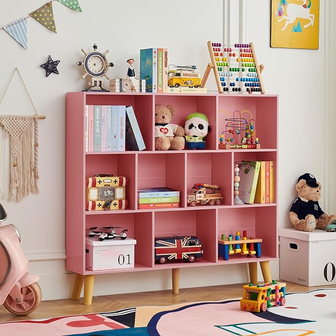 LEYAOYAO 10 Cube Bookshelf,3 Tier Modern Wide Bookcase with Legs,Mid-Century Wood Bookshelves Storage,Light Pink Large Book Case,Freestanding Organizer Display Shelf for Bedroom,Living Room,Office