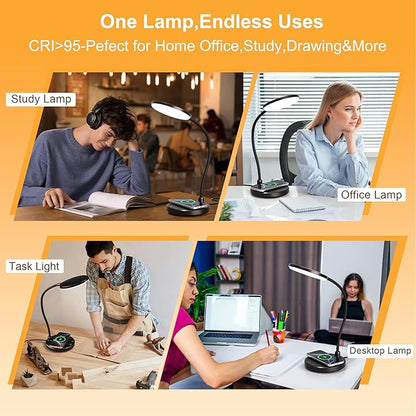Desk Lamp for Home Office, Small Desk Lamp with Wireless Charger, Dimmable 3 Color Modes Study Lamp, Adjustable Neck 800LM Eye-Caring Desk Light, Bedside, College Dorm, Adapter Included