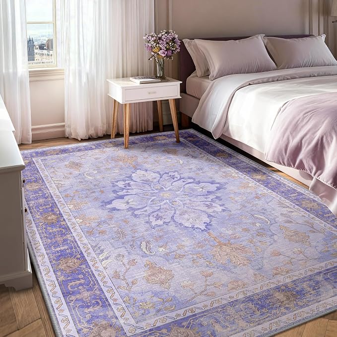 RELEANY Area Rugs 6'x9' Washable Non-Slip, Floral Vintage Distress Medallion Carpet for Living Room Bedroom Dining Room, Light Purple Brown