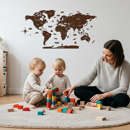 Colorfull Worlds, Multilayer 3D Wooden World Map, Travel Map States and Capitals, Wall Decor For New House, Gift For Travelers, Office Decor, Birthday Present,Living Room Decoration (L, Light Brown)