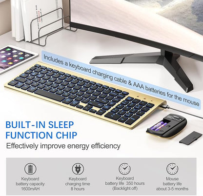 Wireless Backlit Keyboard and Mouse Ultra Slim Combo, TopMate 2.4G Silent Compact 2400DPI Mouse and Scissor Switch Keyboard Set, Batteries Included, for PC/Laptop/Windows/Mac/Gaming - BL Gold Black
