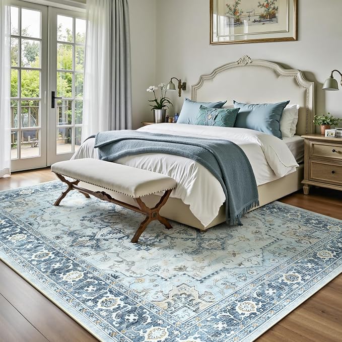 Lofus 6x9 Area Rugs for Living Room, Machine Washable Non-Slip Area Rug, Low Pile Large Rugs for Bedroom, Kitchen, Dining Room, Home Office, Vintage Oriental Print Rug, Blue Gold