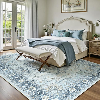 Lofus 5x7 Area Rugs for Living Room, Machine Washable Non-Slip Area Rug, Low Pile Large Rugs for Bedroom, Kitchen, Dining Room, Home Office, Vintage Oriental Print Rug, Blue Gold