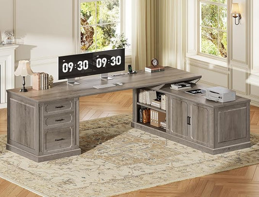 SEDETA Farmhouse L Shaped Desk with Drawers, 70.9" Home Office Desk with Storage Cabinet and Storage Shelves, L Shaped Computer Desk with Power Outlet，Gray